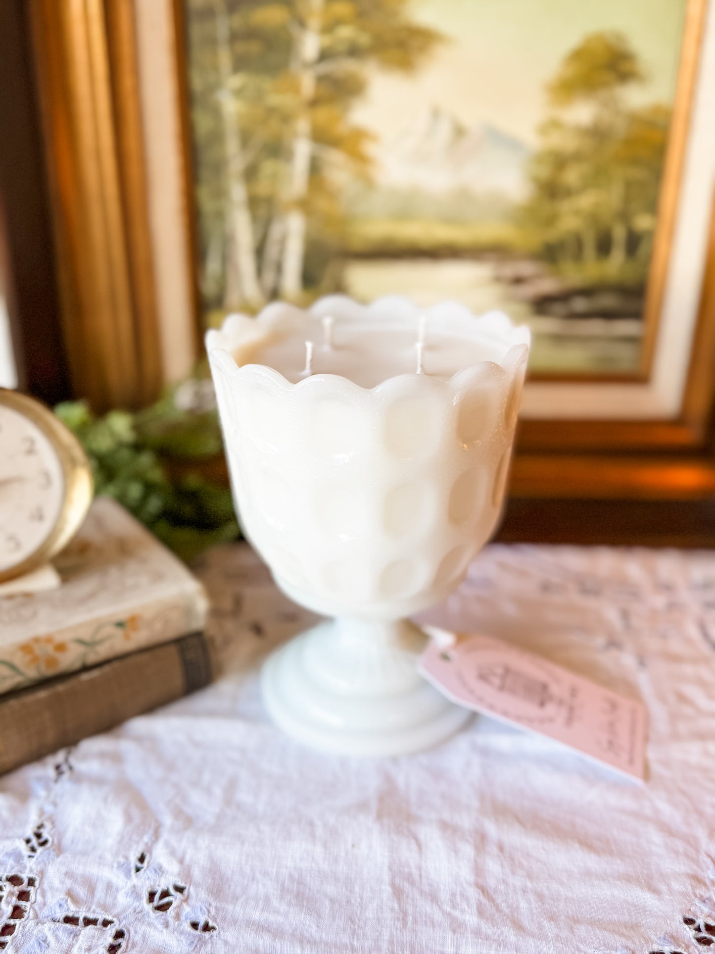 Vintage Milk Glass Candle on Pedestal - Patchouli