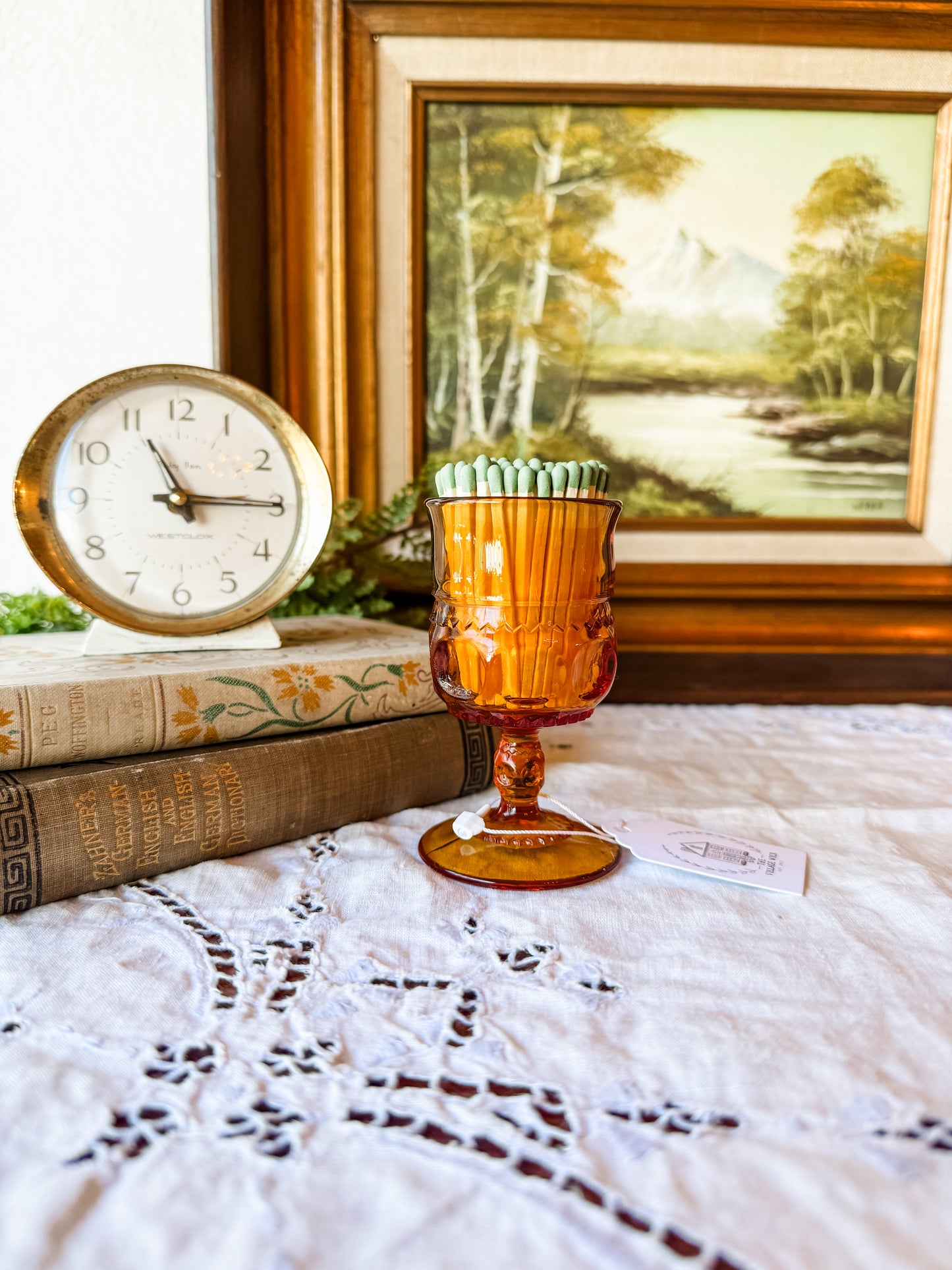 Vintage Amber Matchstick Holder on Pedestal