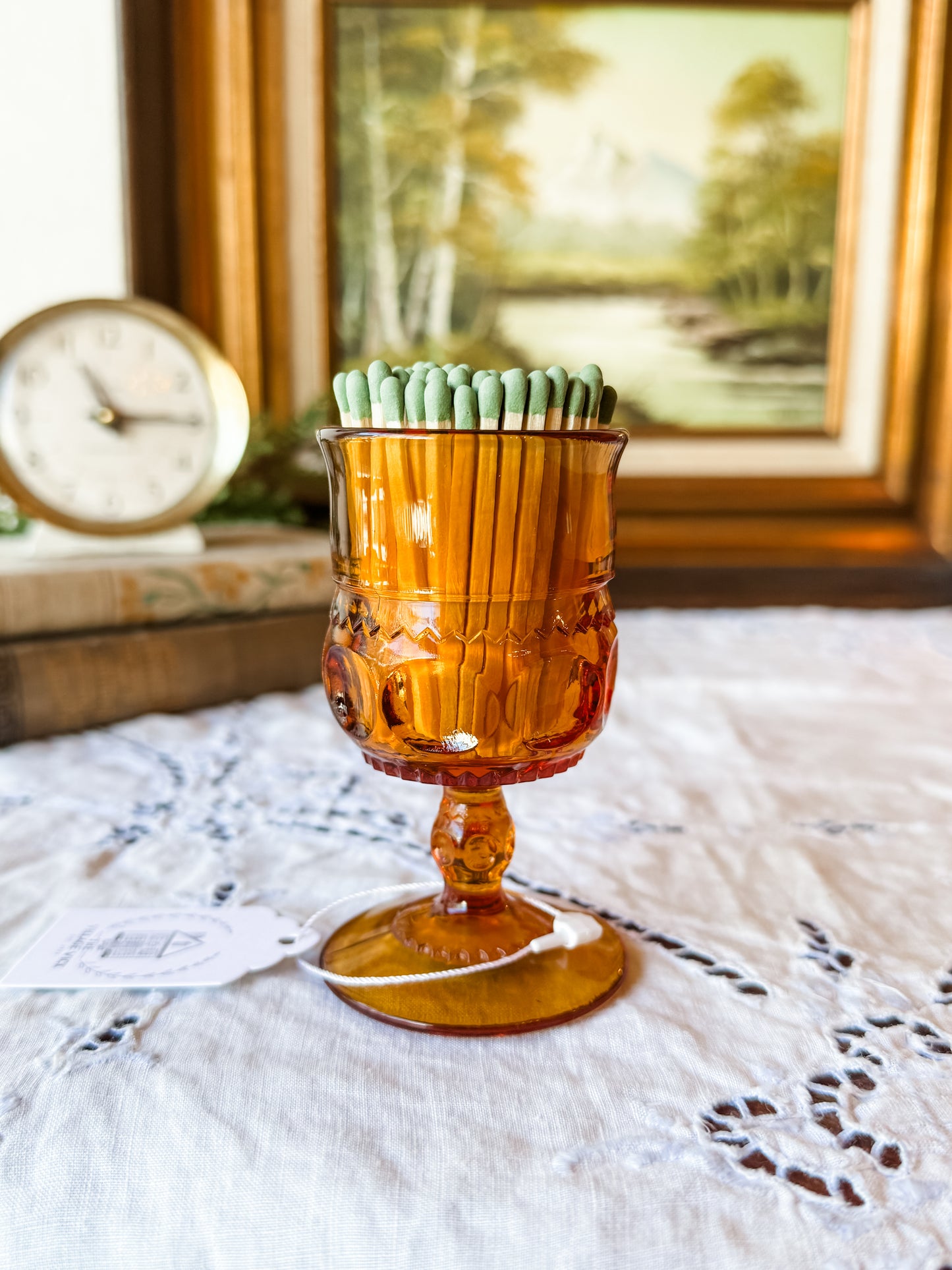 Vintage Amber Matchstick Holder on Pedestal