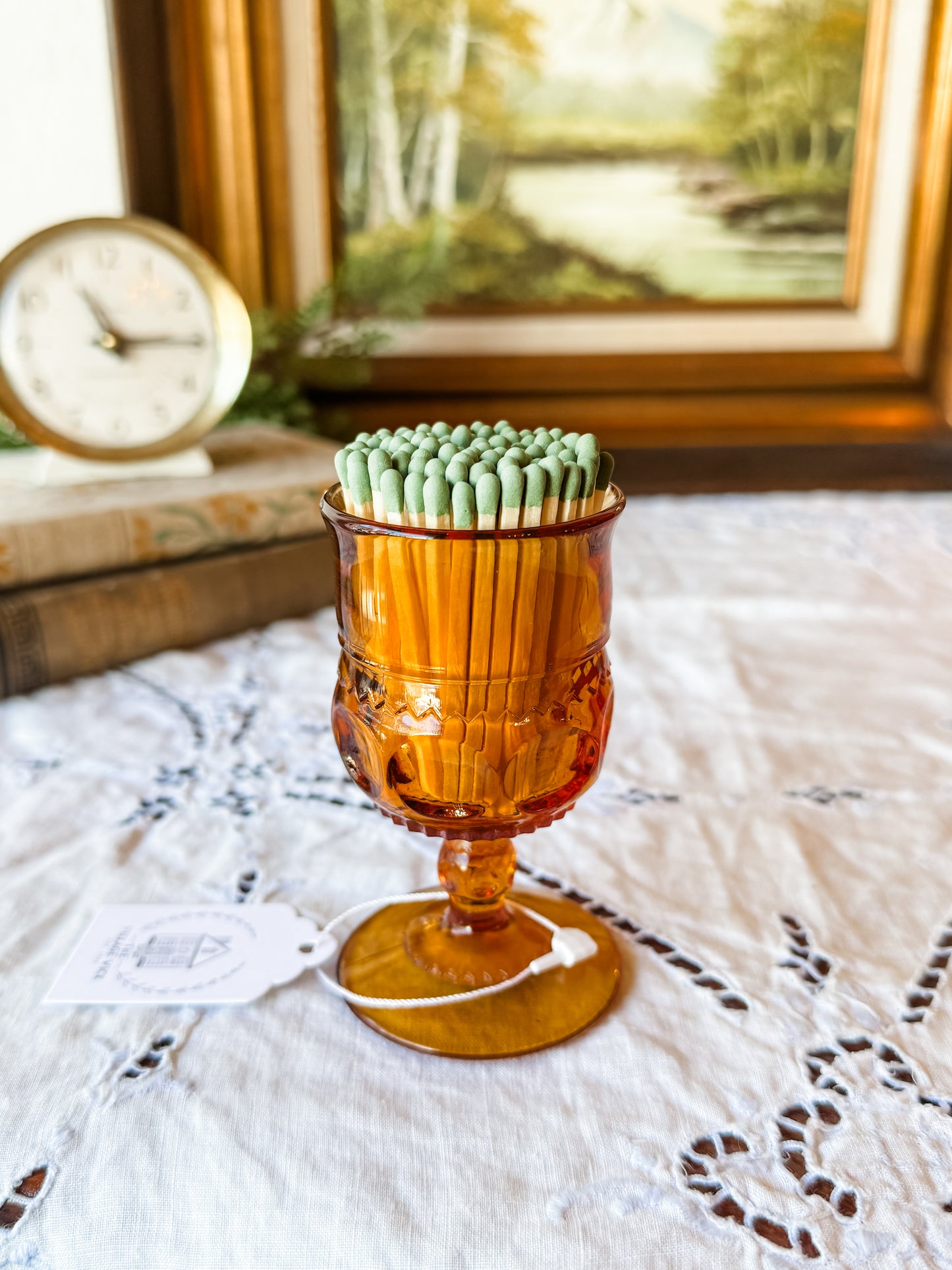 Vintage Amber Matchstick Holder on Pedestal