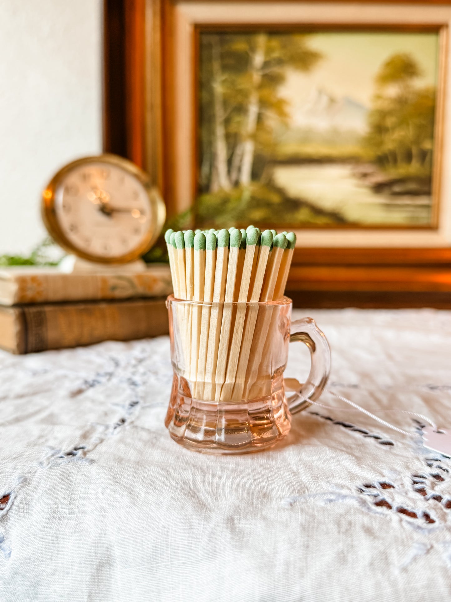 Vintage Pink Glass Mug Matchstick Holder