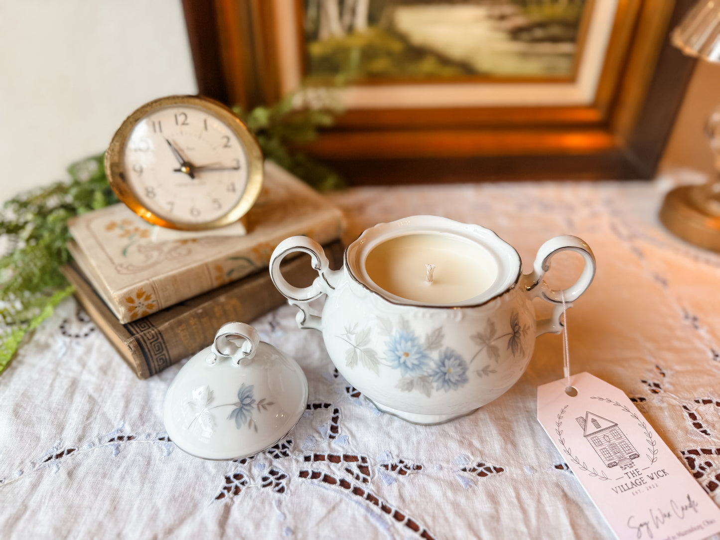 Vintage Sugar Bowl Candle with Blue Florals - Fresh Clothesline