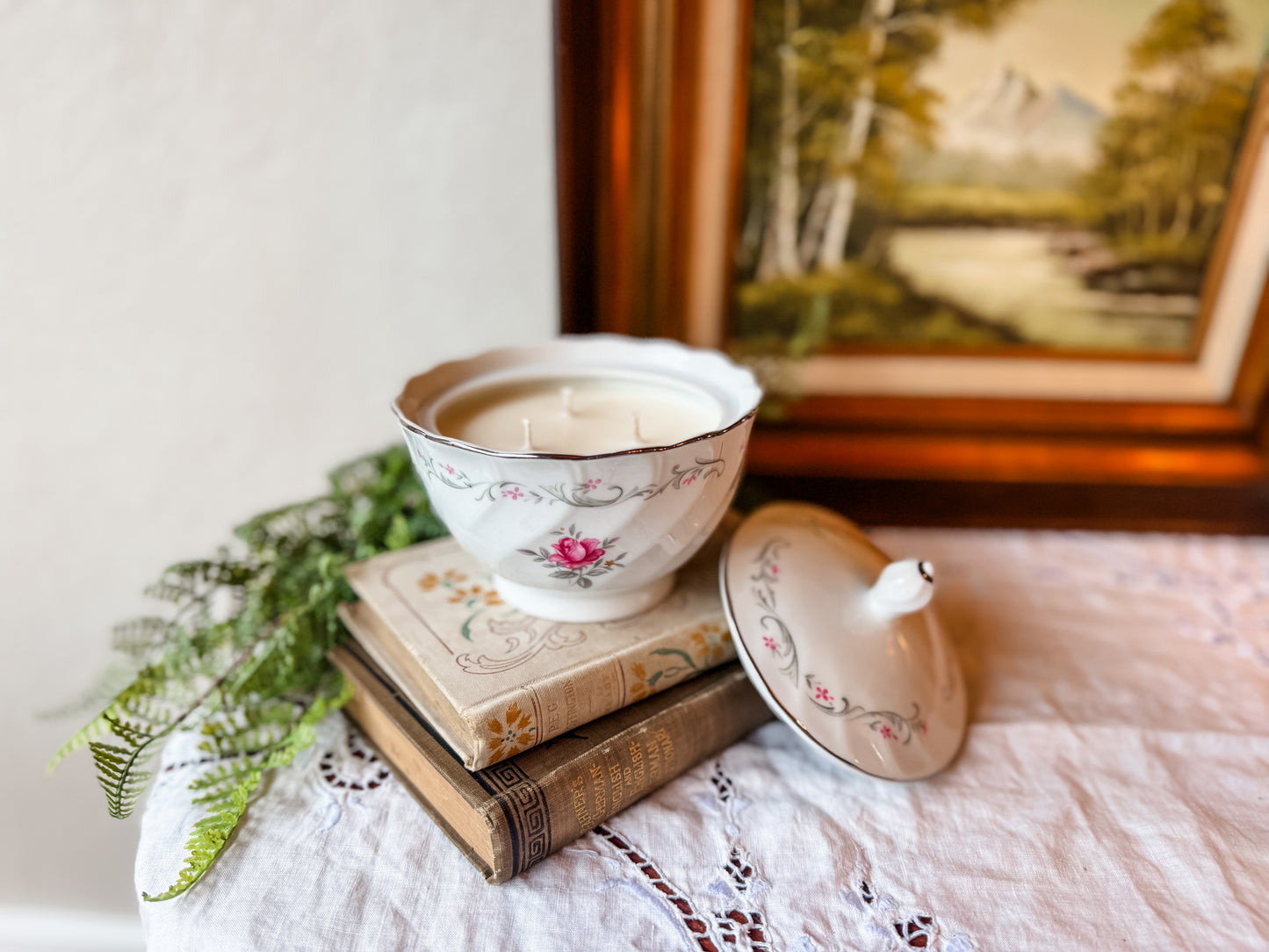 Vintage Sugar Bowl Candle with Pink Florals - Fresh Clothesline