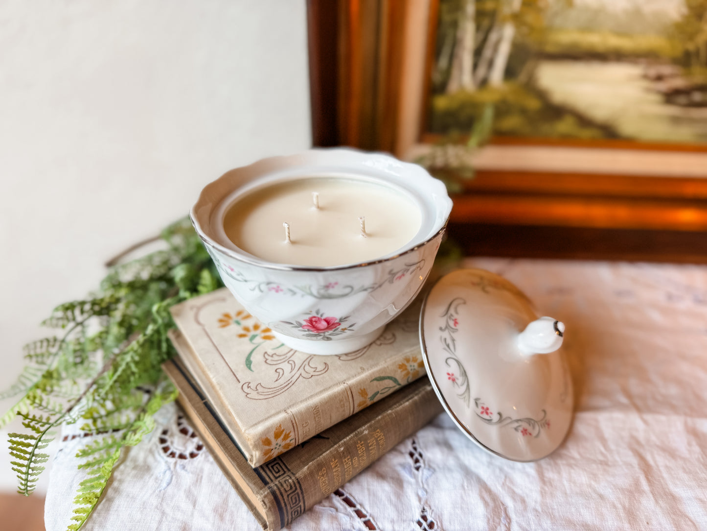 Vintage Sugar Bowl Candle with Pink Florals - Fresh Clothesline