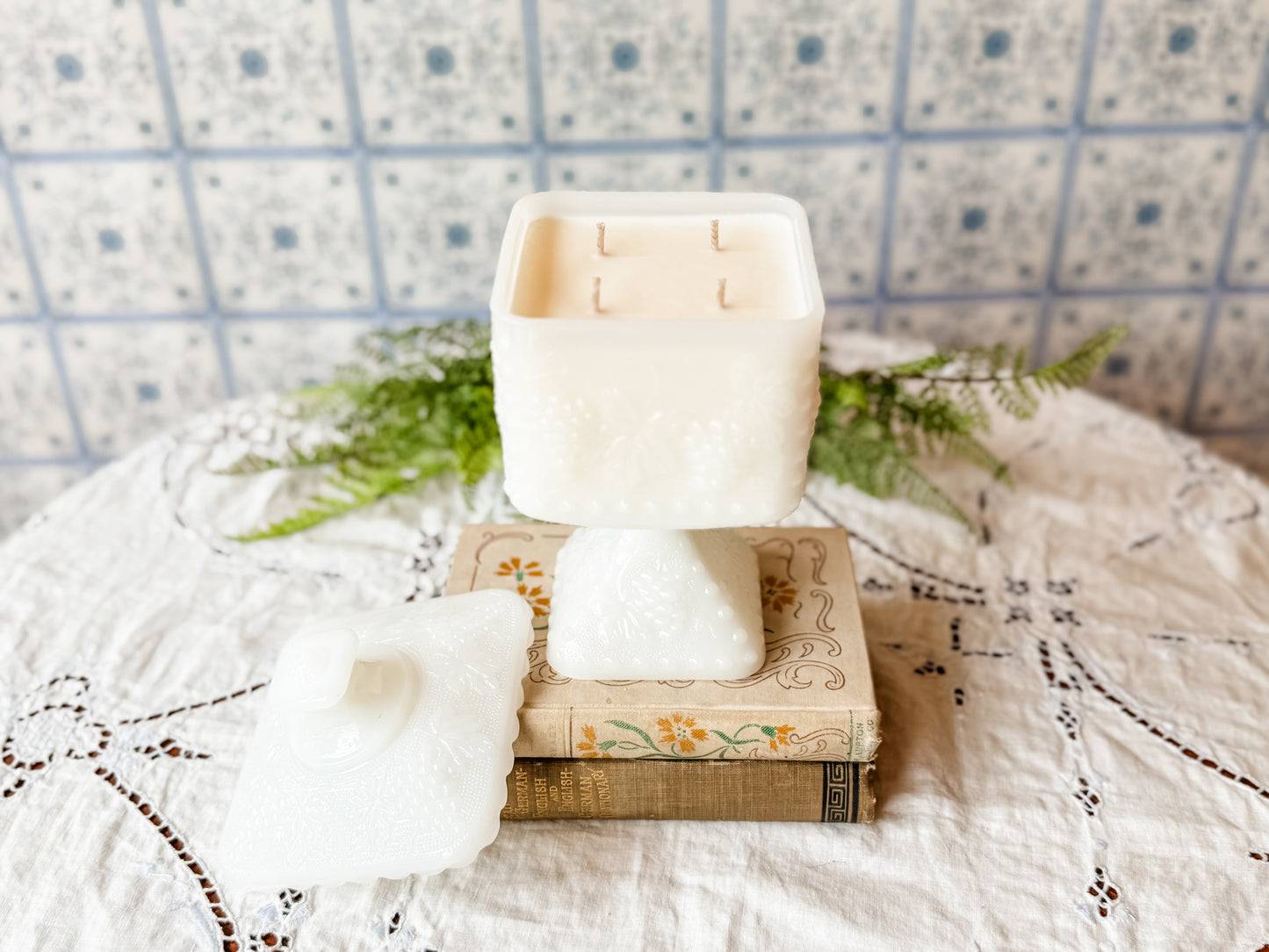 Vintage Milk Glass Candle with Lid - Lavender
