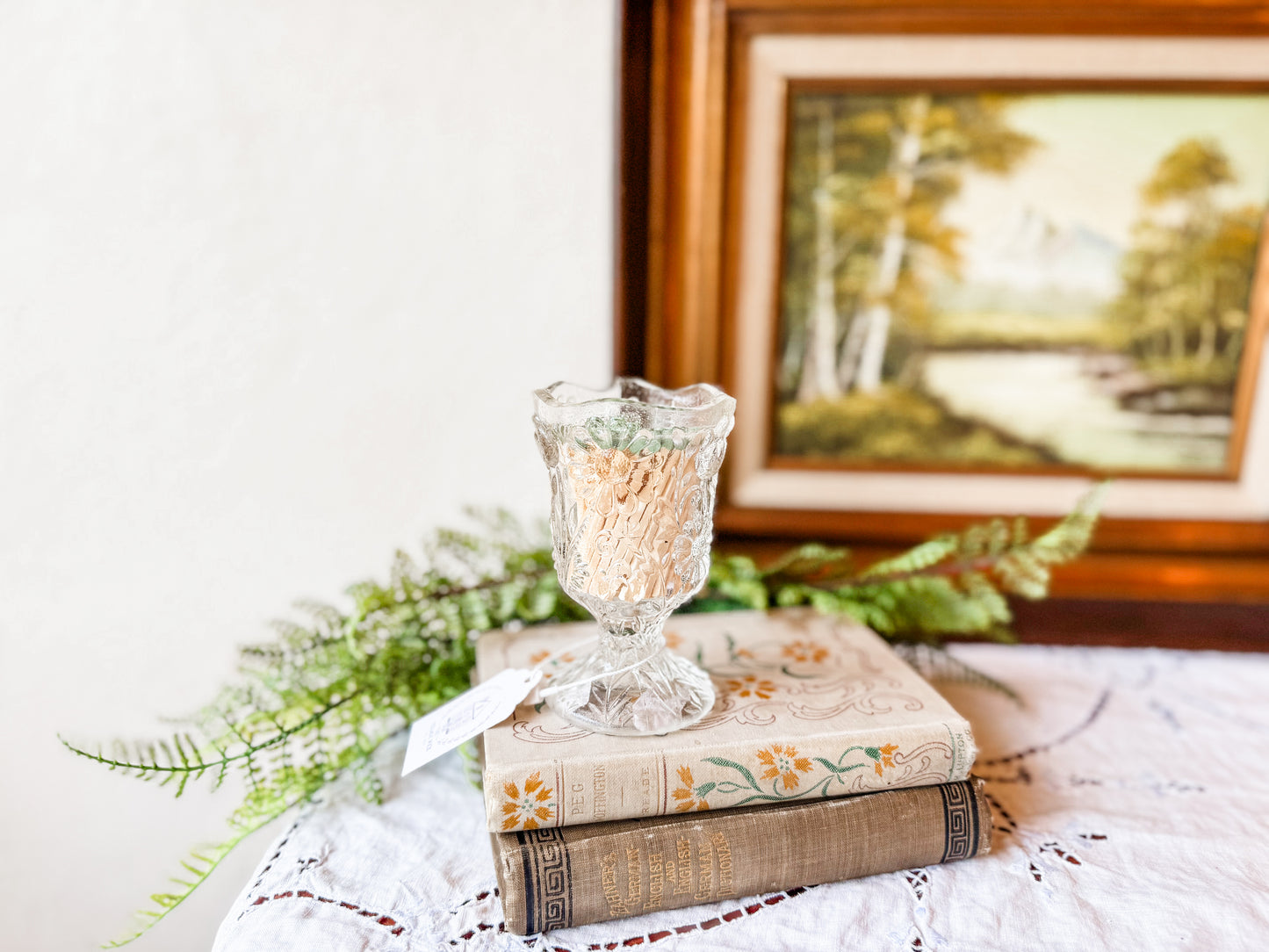 Vintage Glass Matchstick Holder with Florals