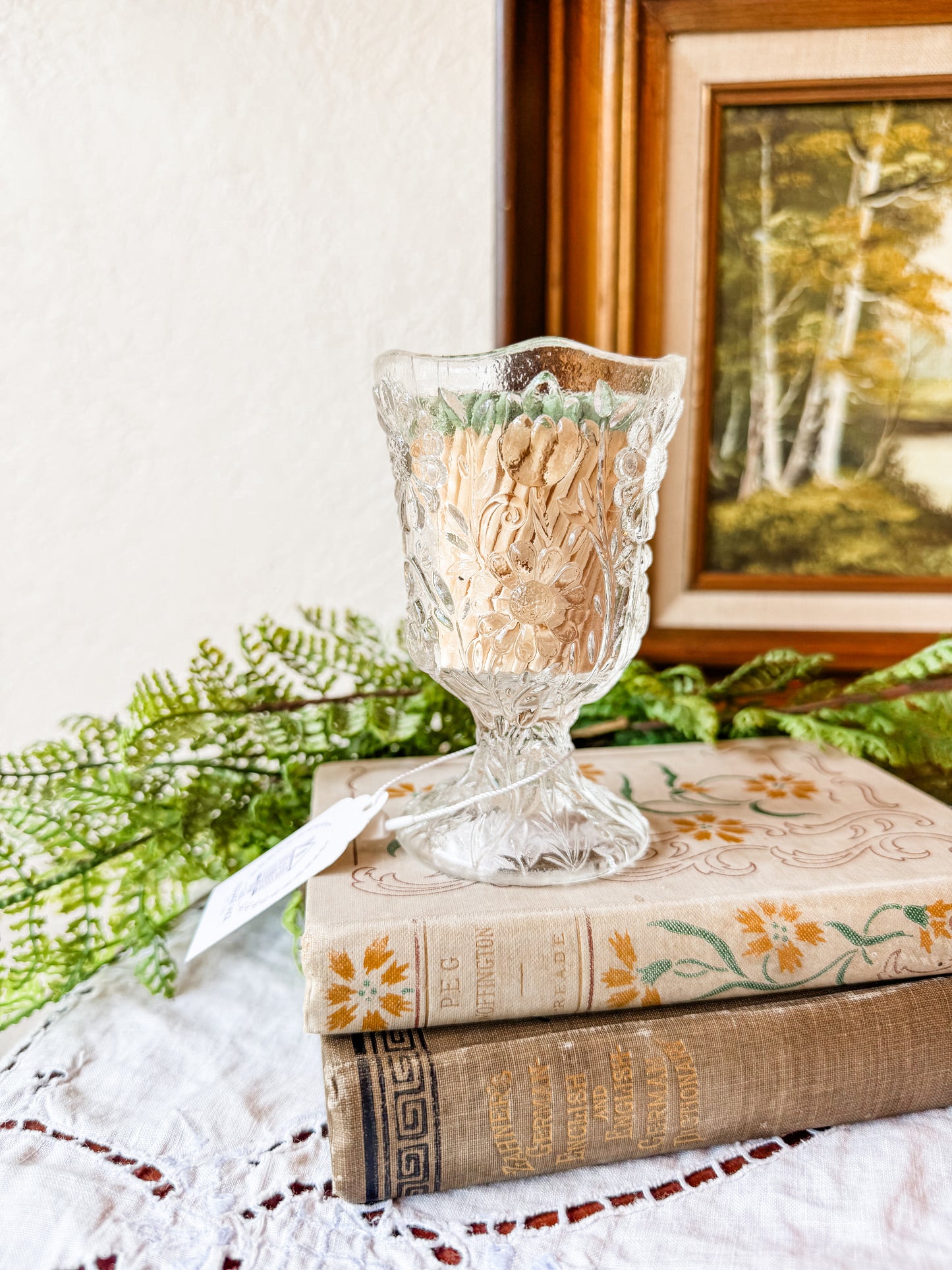 Vintage Glass Matchstick Holder with Florals