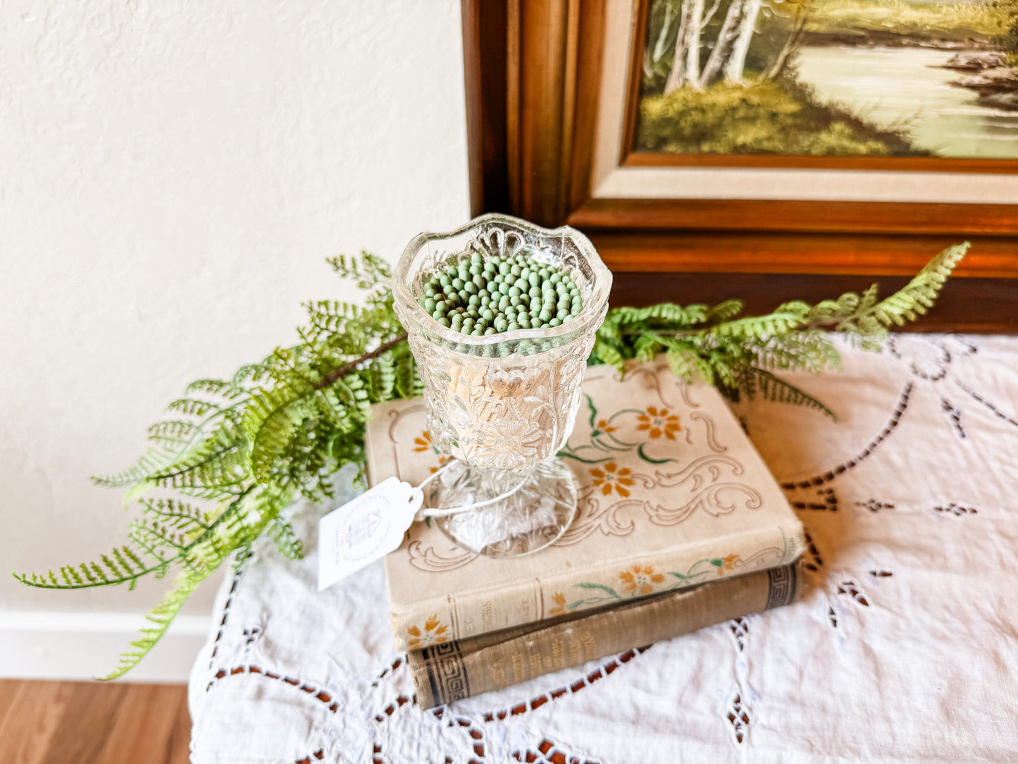 Vintage Glass Matchstick Holder with Florals