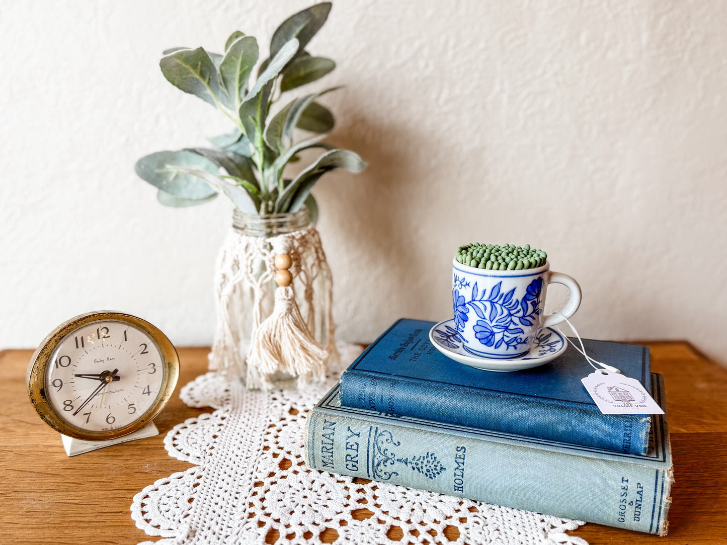 Vintage Blue & White Tea Cup Matchstick Holder