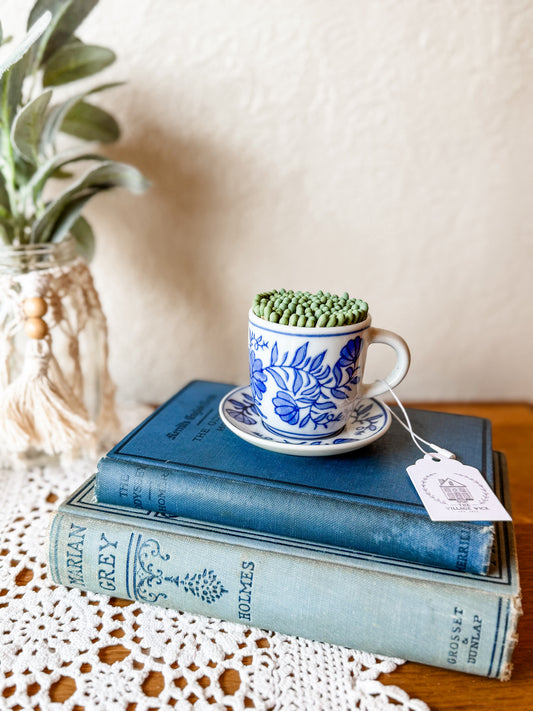 Vintage Blue & White Tea Cup Matchstick Holder