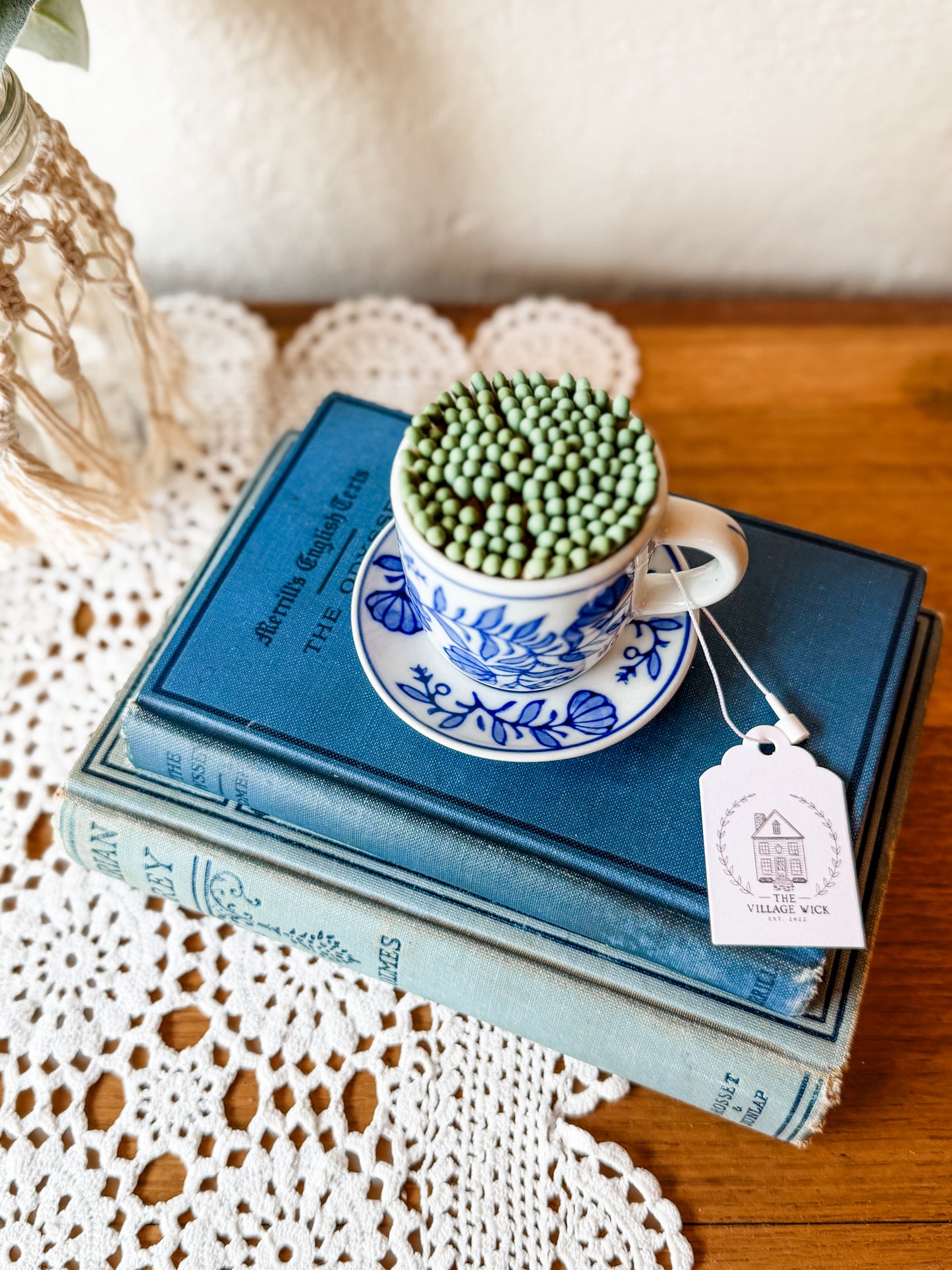 Vintage Blue & White Tea Cup Matchstick Holder