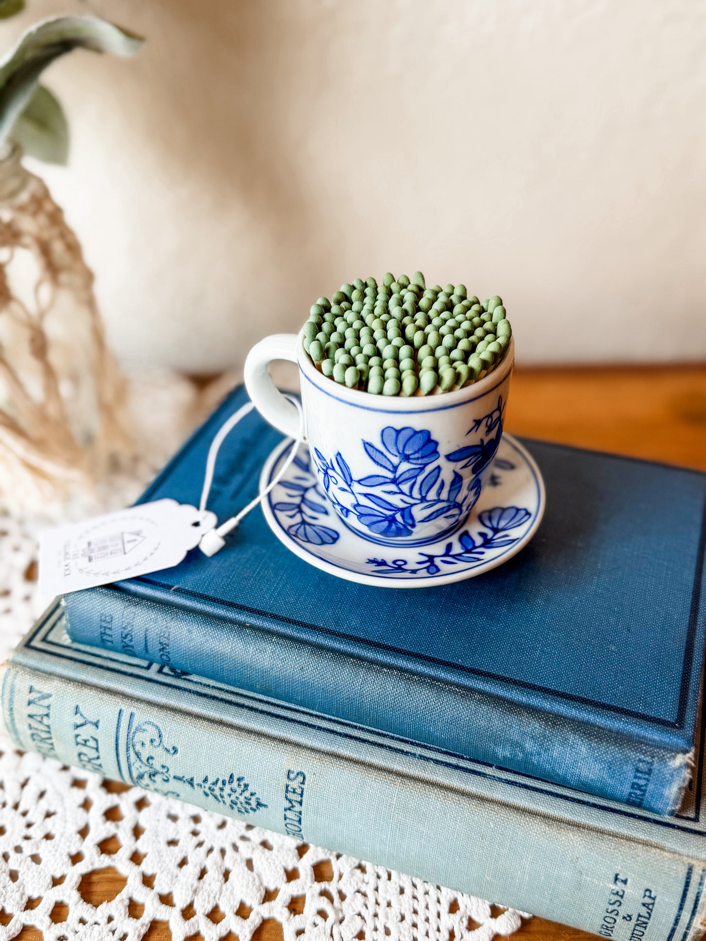 Vintage Blue & White Tea Cup Matchstick Holder