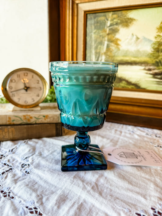 Vintage Blue Glass Goblet with Square Base - Patchouli