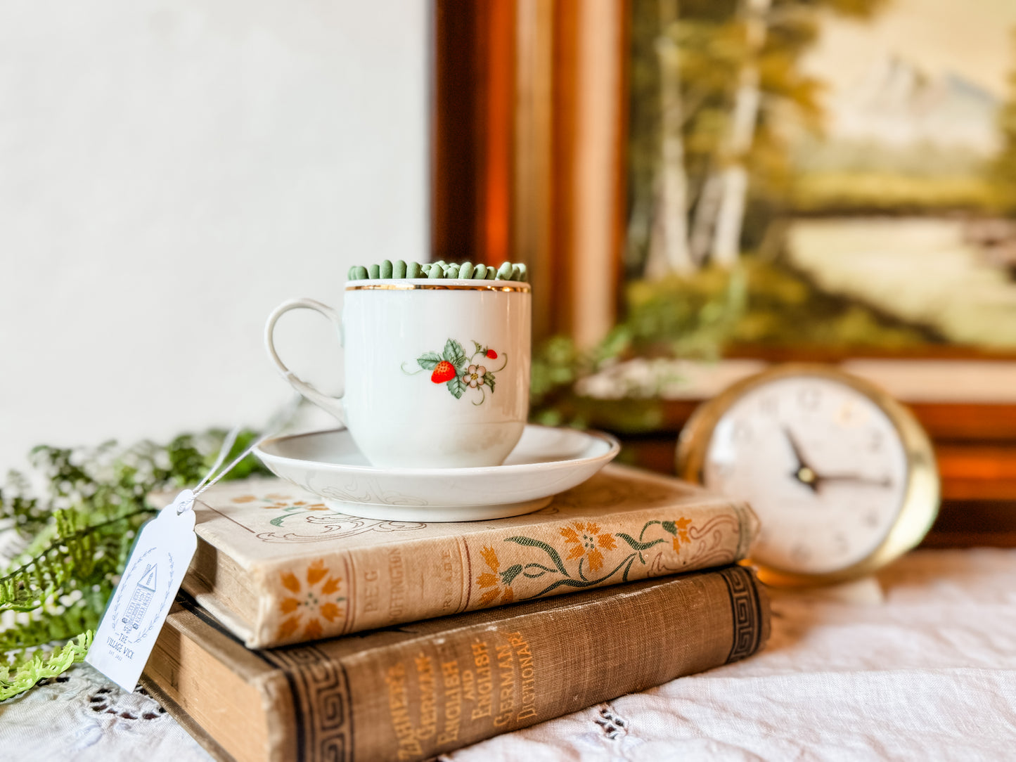 Vintage Tea Cup Matchstick Holder with Berries