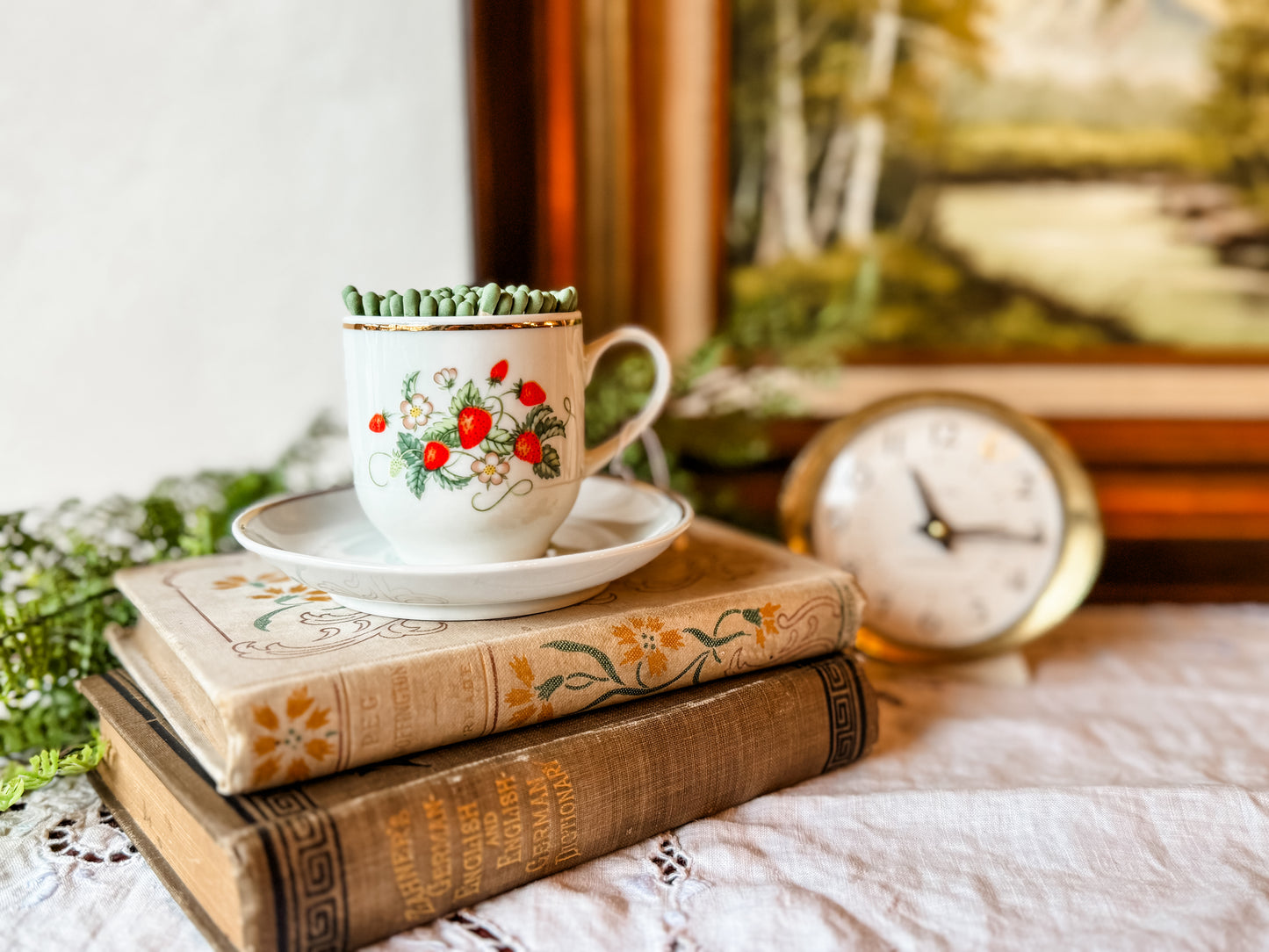 Vintage Tea Cup Matchstick Holder with Berries