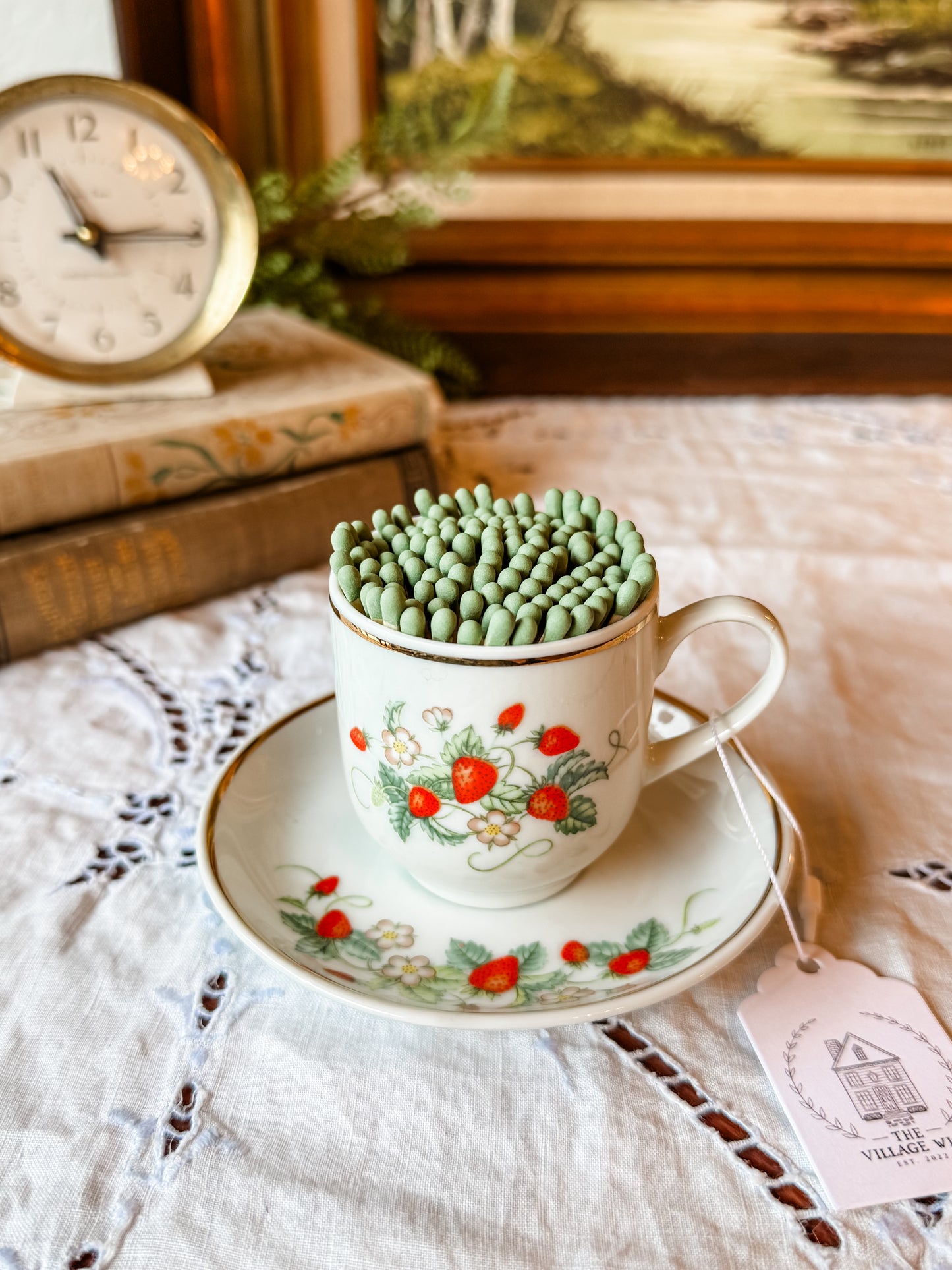 Vintage Tea Cup Matchstick Holder with Berries