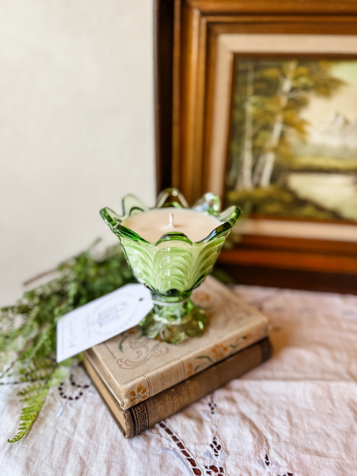 Vintage Fenton Fern Green Glass Candle - Sherlock's Study