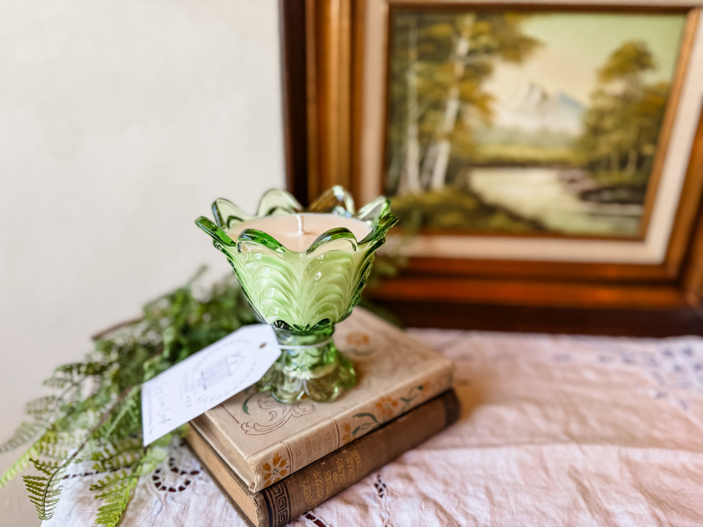 Vintage Fenton Fern Green Glass Candle - Sherlock's Study
