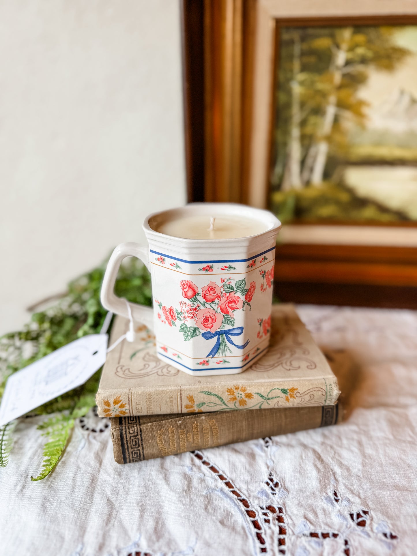 White Mug Candle with Florals - Coffee Shop