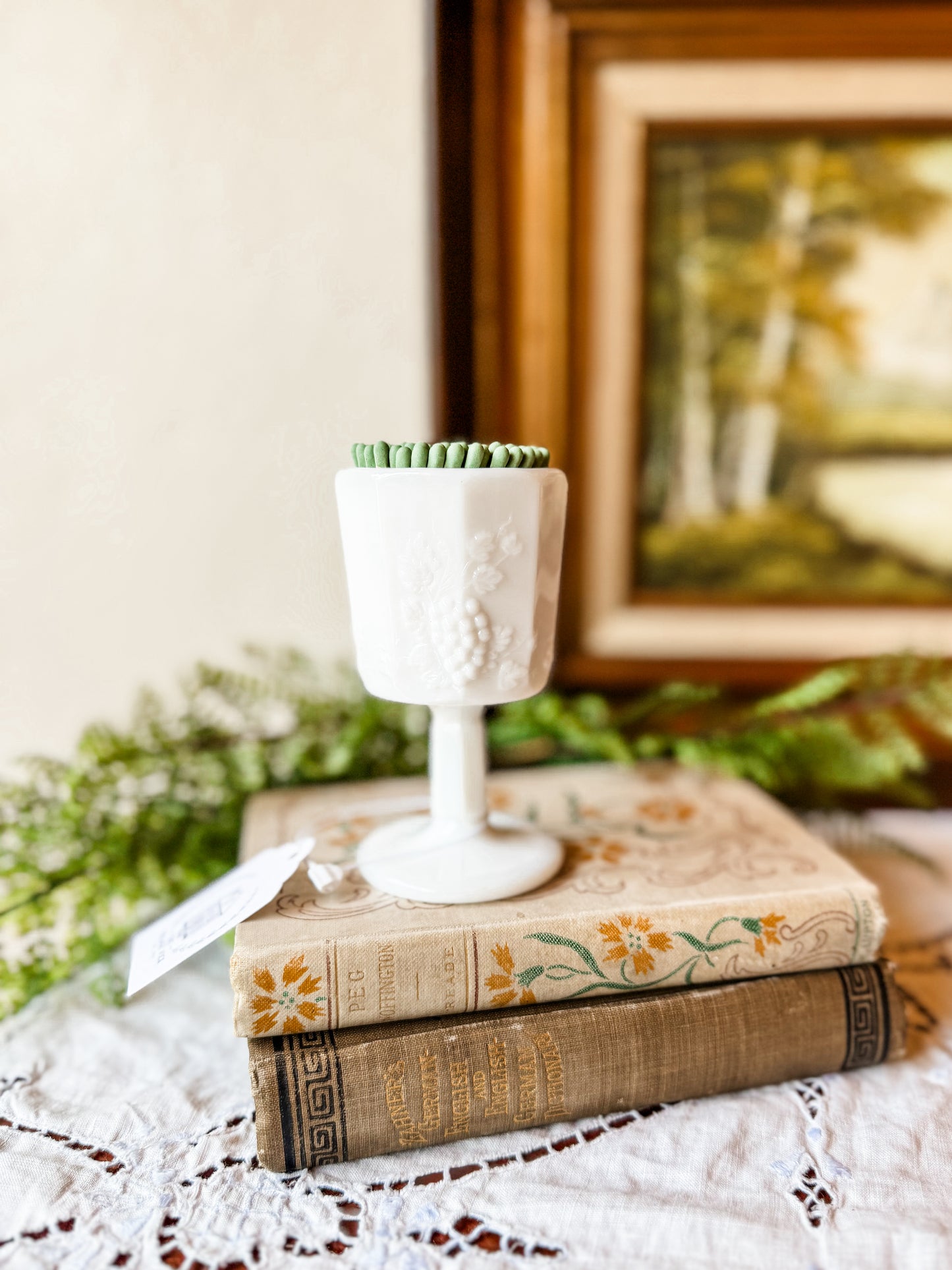 Vintage Milk Glass Matchstick Holder with Grapes