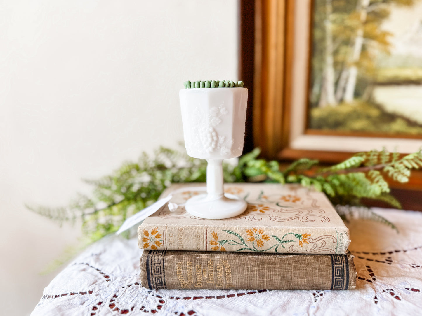 Vintage Milk Glass Matchstick Holder with Grapes