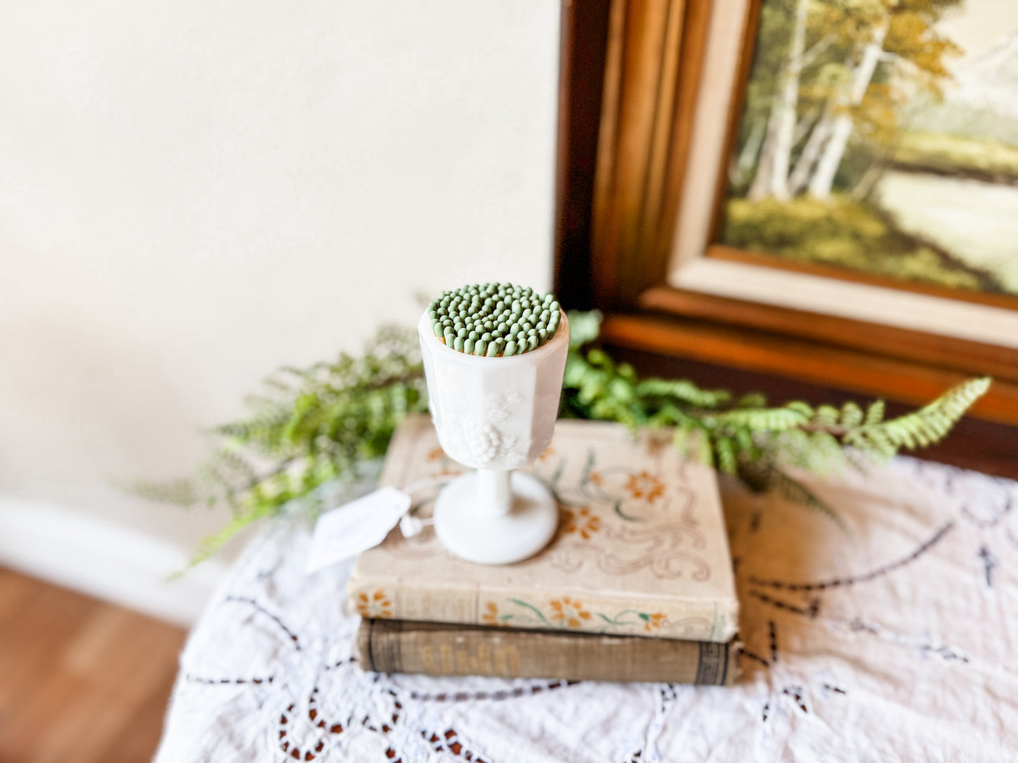 Vintage Milk Glass Matchstick Holder with Grapes